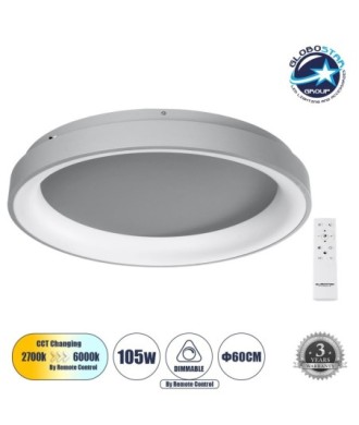GLOBOSTAR® SALEM 61238 Μοντέρνο Φωτιστικό Οροφής LED 105W 12075lm 120° AC 220-240V IP20 Ρυθμιζόμενο Λευκό CCT με Χειριστήριο από 2700K έως 6000K Dimmable - Lumileds SMD Chip - Γκρι - Μ60 x Π60 x Υ9.5cm - 3 Χρόνια Εγγύηση
